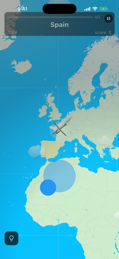 GeoChopper gameplay: a helicopter flying over a map of Europe